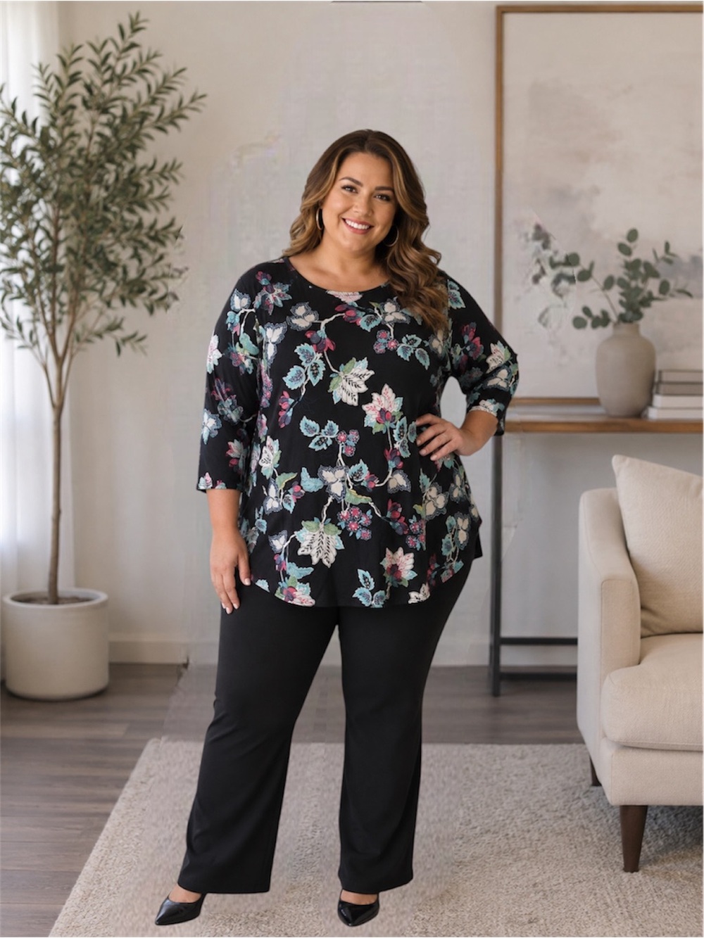 Philosophy Women’s Black Floral Tunic Top with Three-Quarter Sleeves size 1X new
